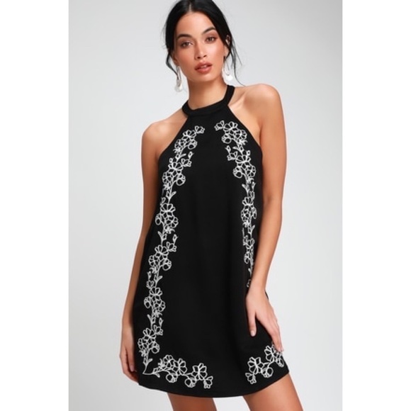 Lulu’s Floral Embroidered Black White Halter Neck Mini Formal Cute Party Dress - Picture 4 of 10